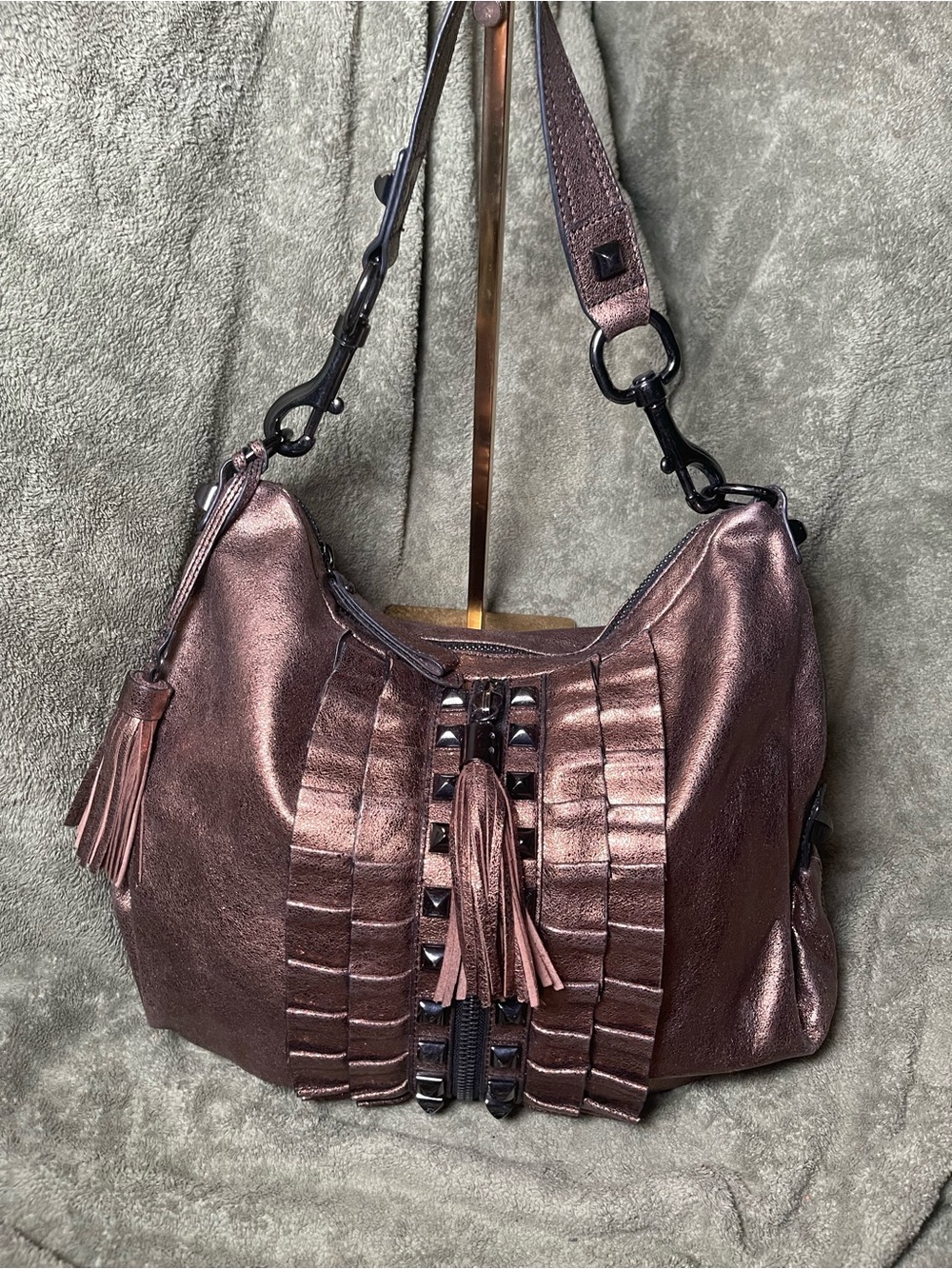 VTG Y2K Betsey Johnson Metallic Bronze Leather Studded Ruffle Hobo Bag Rare